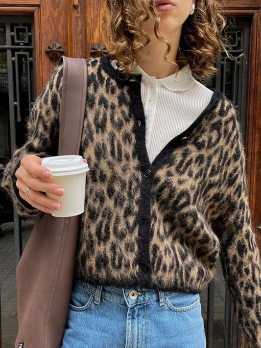 Leopard Print Round Neck Mohair Cardigan Leopard / S