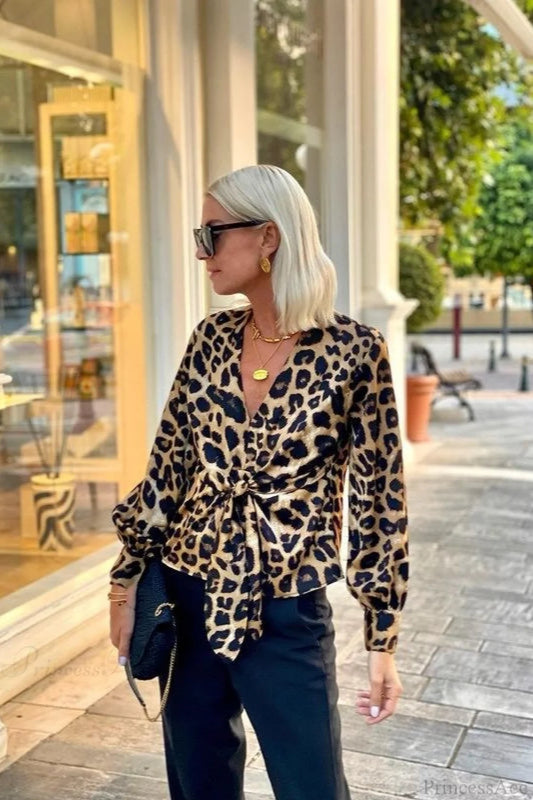 Leopard Print V-Neck Tie Long Sleeve Blouse