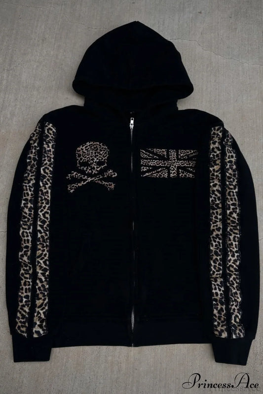 Leopard Print Y2K Street Zip-Up Hoodie Black / S