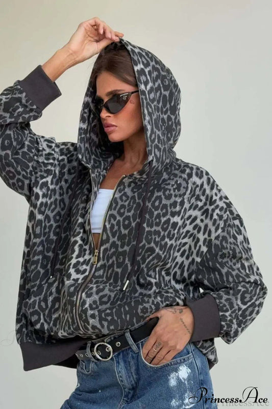 Leopard Print Zip Color-Block Hoodie