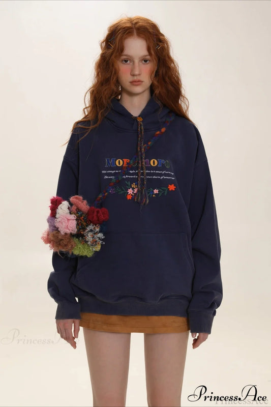 Letter Embroidery Relaxed Thickened Hoodie Dark Blue / S