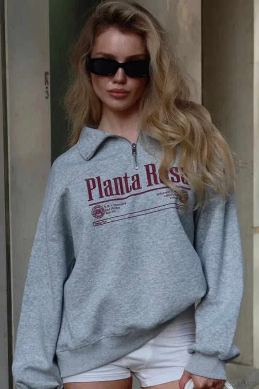 Letter Print Relaxed Convertible Collar Half-Zip Sweatshirt Light gray / S