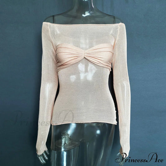 New Fashion Women's Clothing Lightweight See-Through Neck T-Shirt Top Pastel pink blouse Clothes long sleeve shirts long sleeve top shirt shirts tops