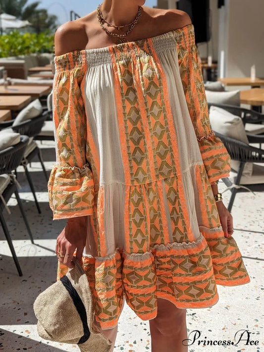 Linen Blend Ethnic Print Graceful Off Shoulder Loose Mini Dress Dresses