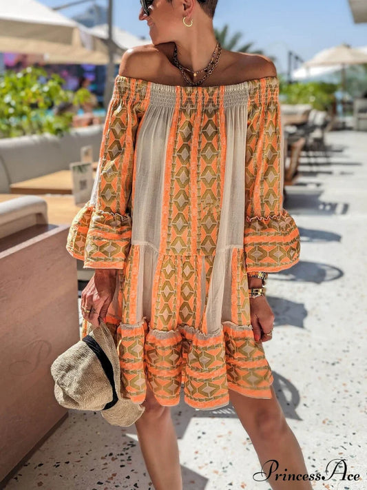 Linen Blend Ethnic Print Graceful Off Shoulder Loose Mini Dress Orange / S Dresses