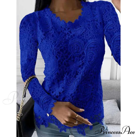 Women's Floral Lace Long Sleeve Blouse Shirt Blue __stock:200 clothes refund_fee:1200 tops