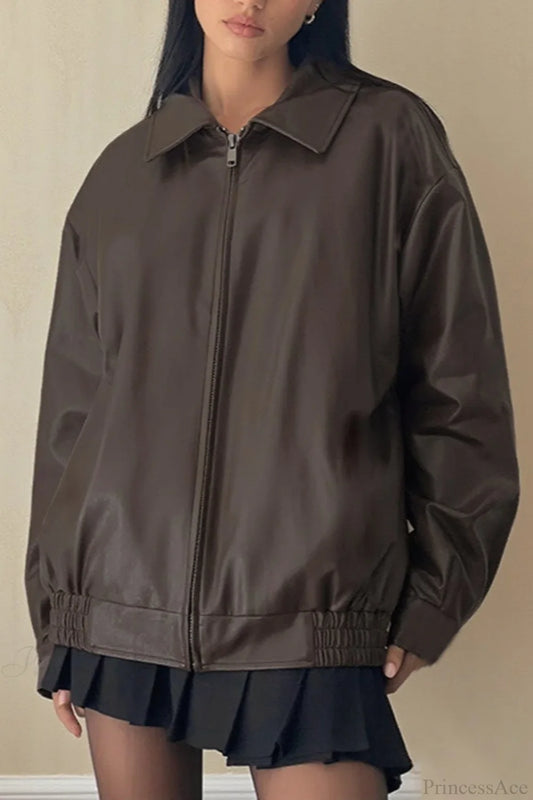 Long Sleeve Basic Loose Zipper Leather Coat Brown / S