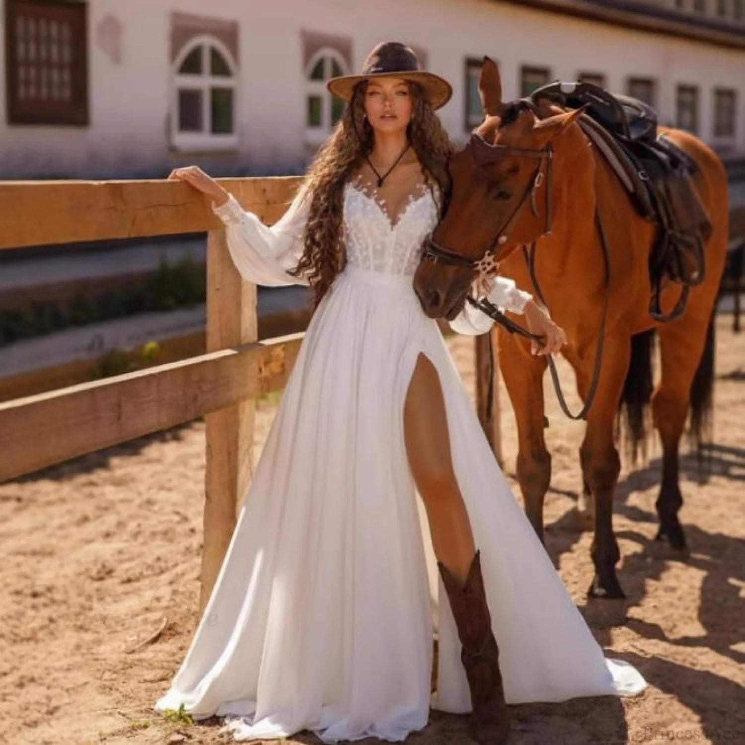 Glamorous V Neck Long Sleeves Lace Organza Wedding Dresses main image 1