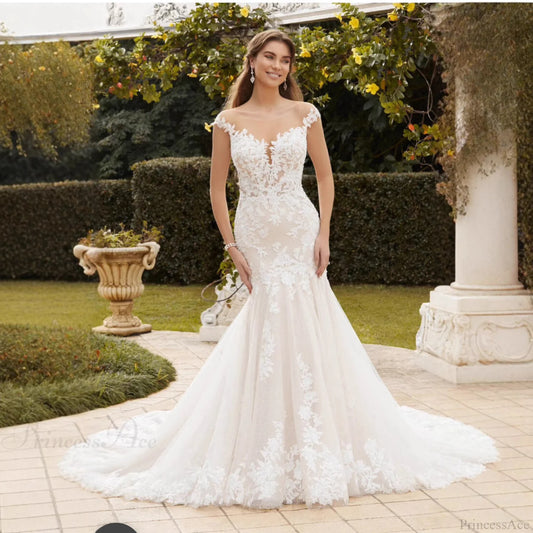 Long Train Lace Bridal Wedding Dress White / 2 weddingdress-250223