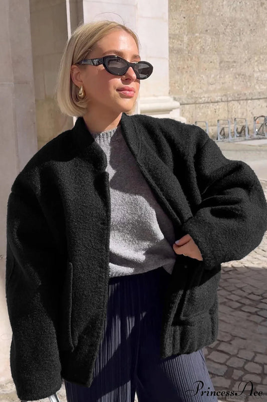 Loose Stand Collar Textured Wool Casual Coat Black / S