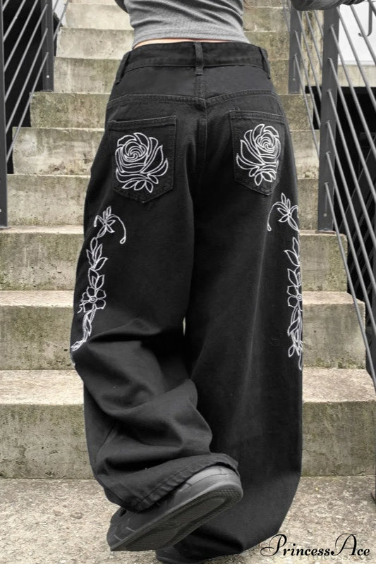 Loose Straight Leg Embroidered Low Waist Jeans