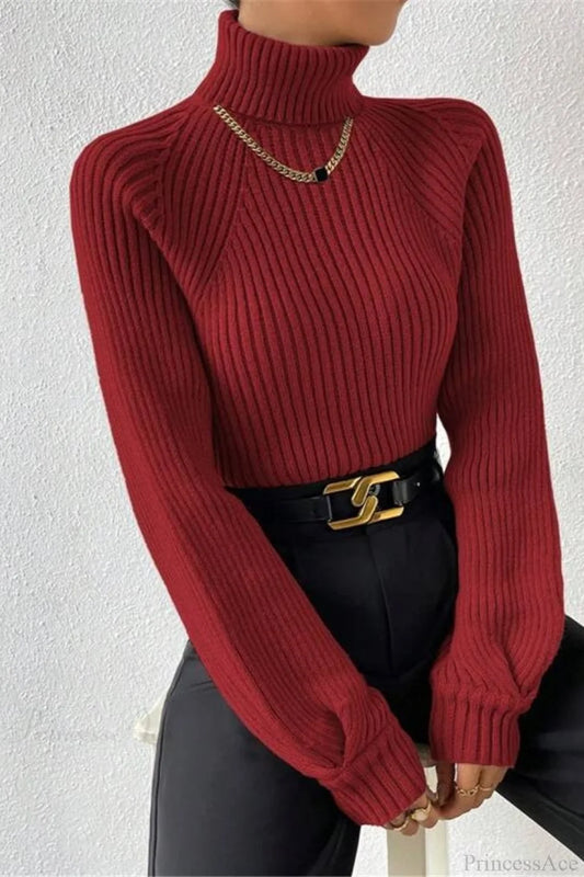 Loose Turtleneck Raglan Sleeve Sweater Red / S