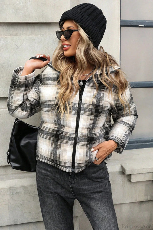 Loose Versatile Plaid Cropped Cotton Coat Plaid / S