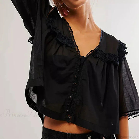 Low Cut Chiffon Ruffle Lace Trim Blouse Black / XS blouse-250223