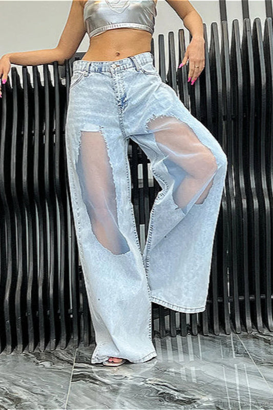 Low Waist Ripped Mesh Panel Wide Leg Jeans Blue / S