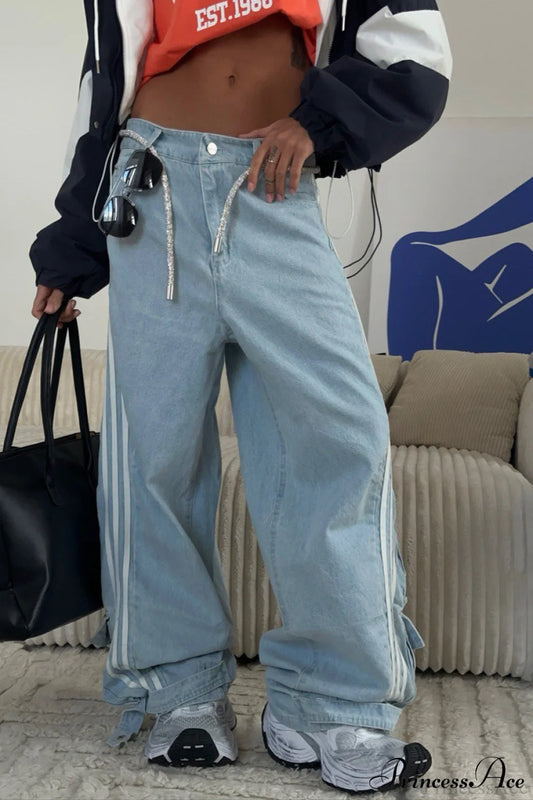 Low Waisted Striped Flowy Wide Leg Jeans Light blue / S