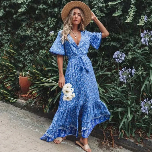 Maxi Dresses for Women Cotton Rayon Blue Floral Print Deep V-neck Boho Summer Dress bohodress-250126