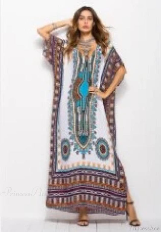 Maxi Kaftan Dress Rayon Ethnic Floral Print Beach Sundress Beige / One Size bohodress-250126