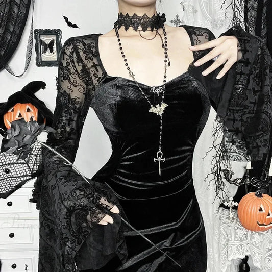 Mesh Net High Slit Flared Long Dress