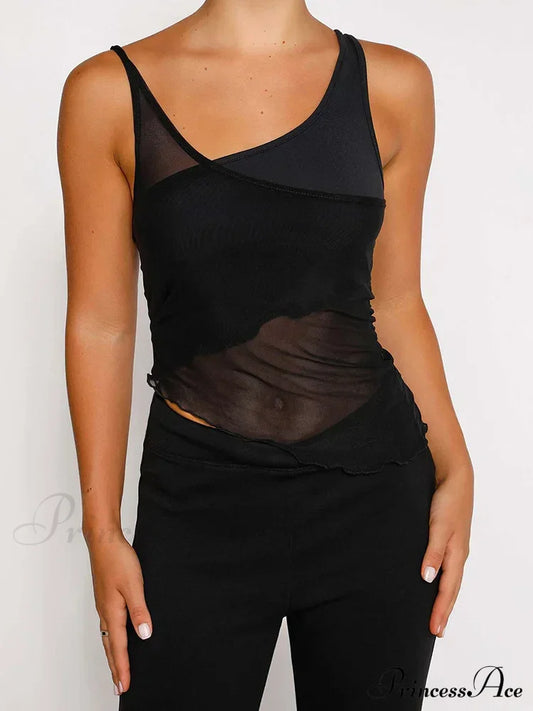 Mesh Sheer See Through Patchwork Tank Exposed Navels Summer Streetwear Women Irregular Hem Black