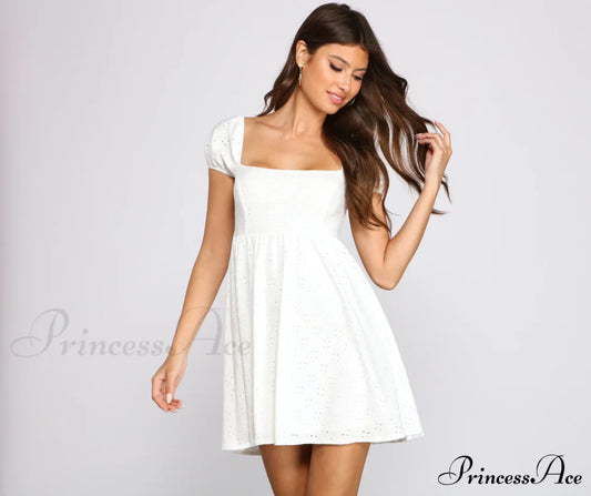 Mesmerizing Beauty Puff Sleeve Eyelet Skater Dress - Lady Occasions