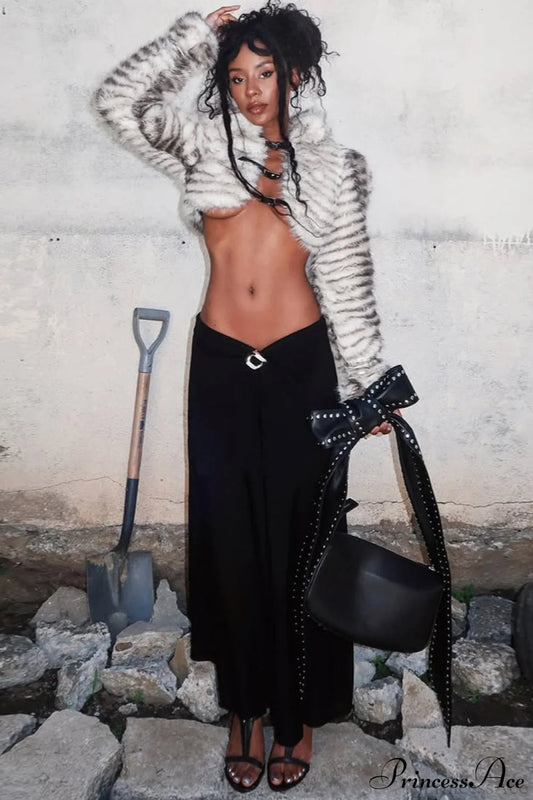 Metal Buckle Faux Fur Cropped Sexy Jacket