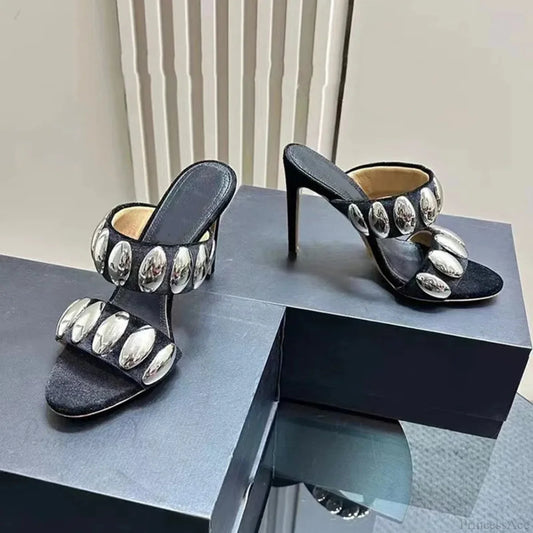 Metal Ornamental Gothic Suede Slippers Tall Heel Black-A / 35