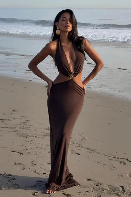 Metallic V Neck Resort Casual Maxi Dress Brown / S