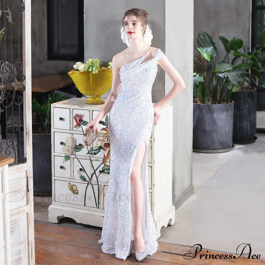 Mile one-shoulder bright sequined formal dress - Lady Occasions