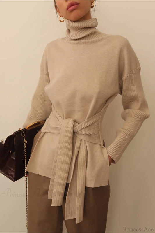 Minimal Turtleneck Tie Backless Fitted Sweater Khaki / S
