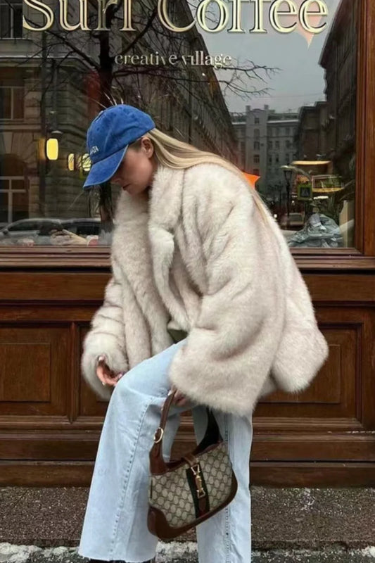 Minimalist Solid Color Plush Tip-Dyed Faux Fox Fur Oversized Coat