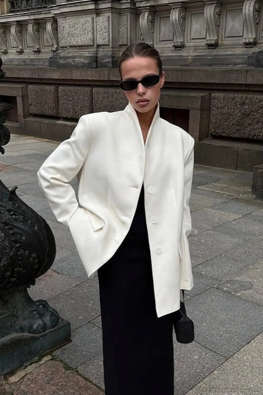 Minimalist White V-Neck Elegant Relaxed Coat