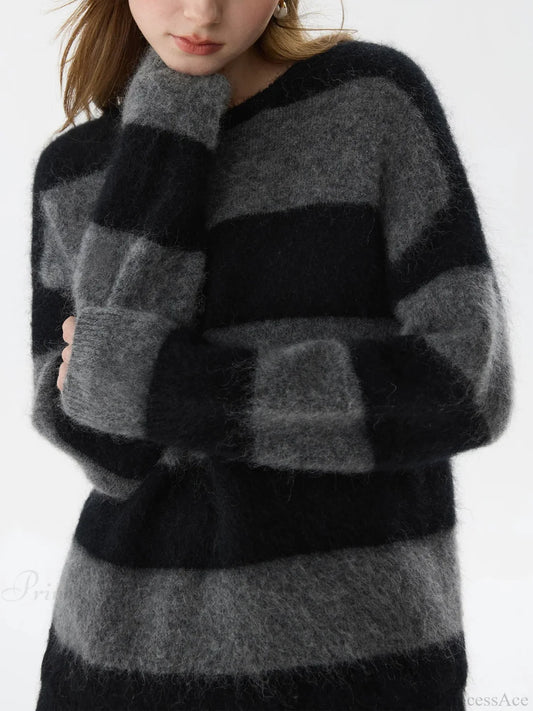 Mohair Retro Striped Loose Sweater Black / XS