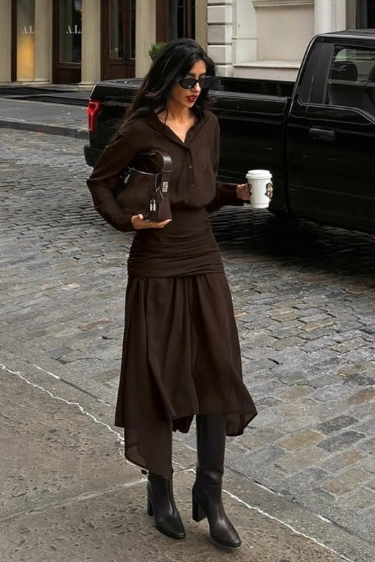 Moody Brown Chiffon Long Sleeve Asymmetrical Two Piece Set