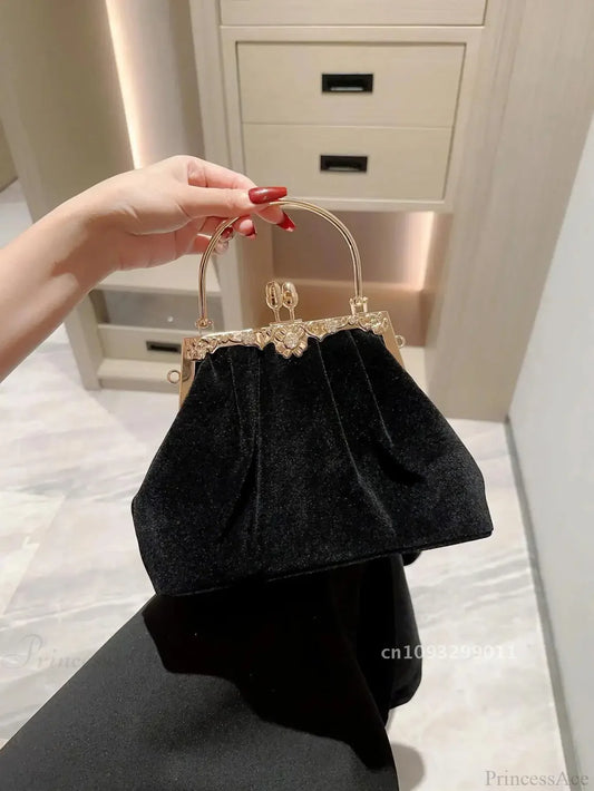 Mysterious Black Velvet Evening Party Wedding Clutch Bag Black clutchbag-250126