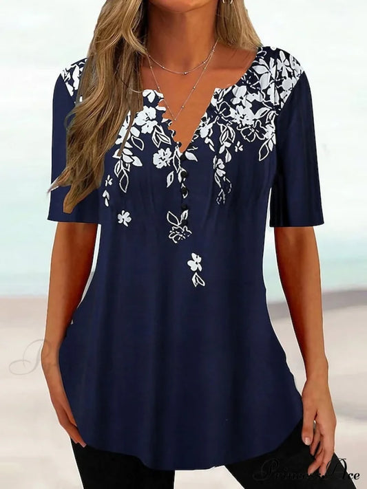 Navy Fit Flowered Women’s In Brief Blue Painting Button Tunic White Sleeve Regular Neck Black