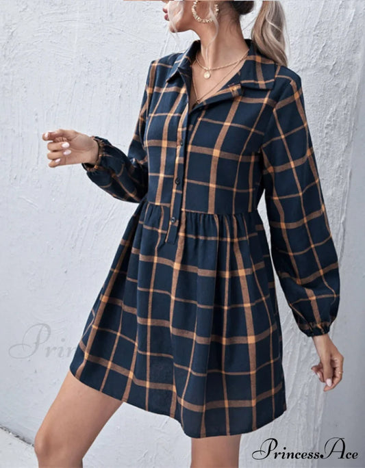 Navy V Neck Plaid Prints Buttons Casual Sweet Dress For Women Dresses