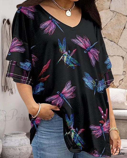 Chic V Neck Print T-shirt 8# 23BF clothes Short Sleeve Tops Summer T-SHIRTS Tops/Blouses