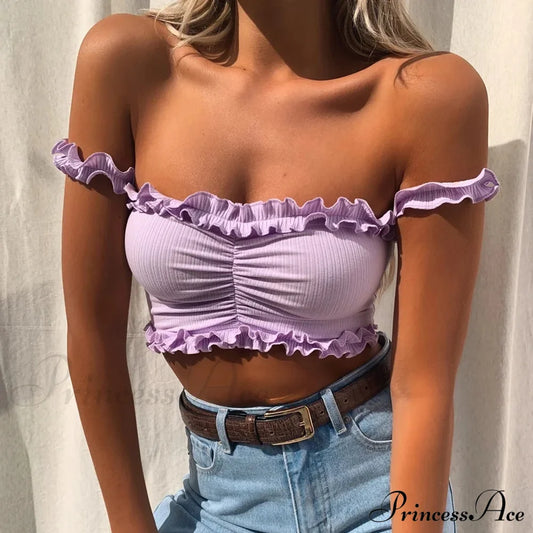 New 2024 Cute Purple Off Shouler Crop Ruffles T Shirttube For Women Summer Clothes Tank Top