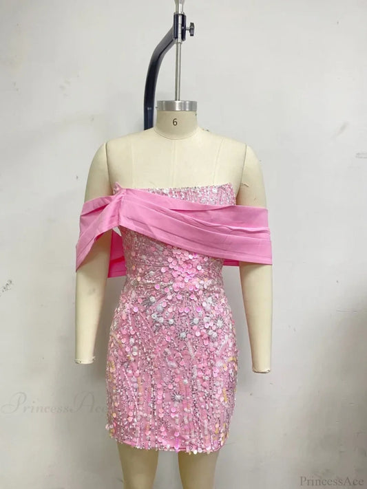 New Sexy Off Shoulder Sequins Pink Slash Neck Sparkly Elegant Christmas Party Dress / S Dresses-L