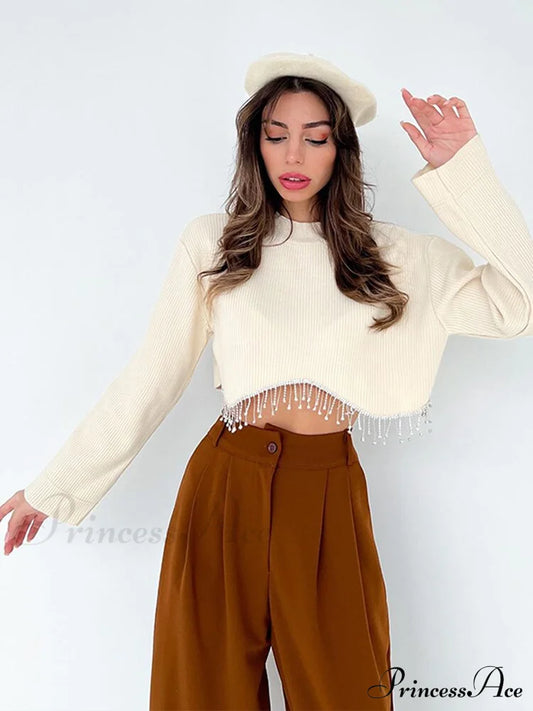 O-Neck - Streetwear Top Casual 2024 Rhinestone Spring Long Women’s Arm Tassel Crop Hem T-Shirt