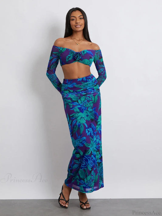 Off-Shoulder Crop Top High Waist Long Floral Skirt Blue / S floraldress-250126