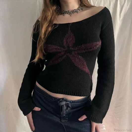 Off Shoulder Graphic Print Sweater Long Sleeve Knit Top Women BLACK1 / S knittop-250126