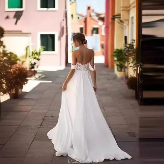 Off-Shoulder High Slit Long Train Wedding Dress lvory white / 2 weddingdress-250223