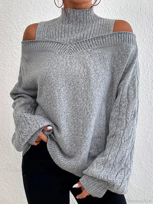 Off Shoulder Semi High Neck Knit Sweater Grey / S