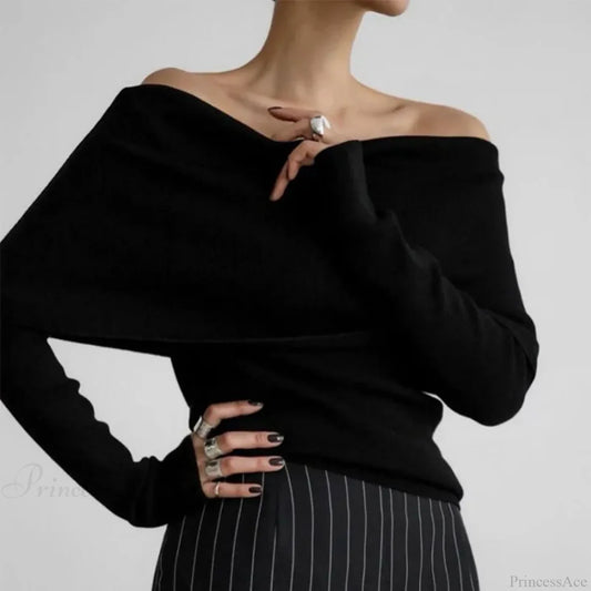 Off-Shoulder Solid Long Sleeve Knitted Sweater Black / S