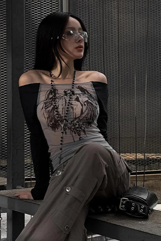 Off-the-shoulder Sheer Mesh Knit Printed Long Sleeve Tee
