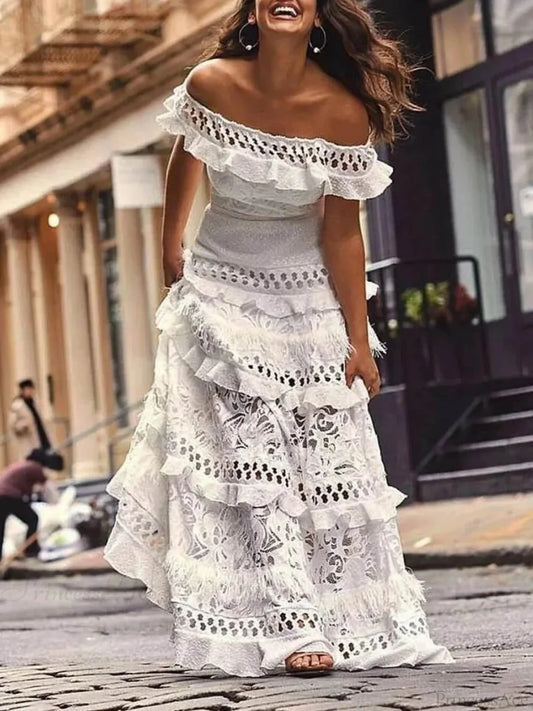 One-Shoulder Ruffled Hollow Swing Graceful Lace Patchwork Long Dress White / S Dresses
