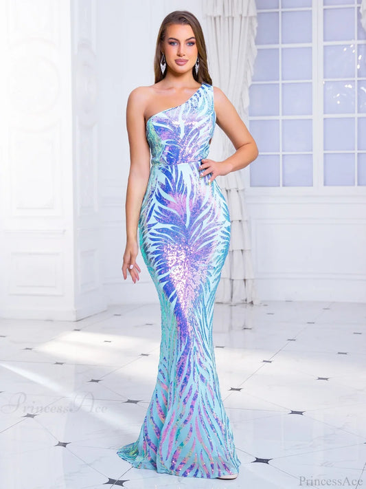 One-Shoulder Sequined Party Dress Blue / S Partydress-241208