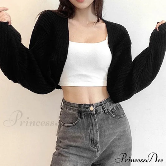 Open Front Solid Color Cropped Casual Bolero Shrug Cardigan Black / One Size